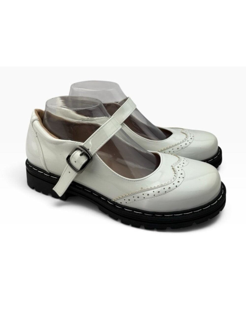-Grace Step Mary Jane Shoes Womens 41 White Gothic Patent Casual Oxford Lug Sole